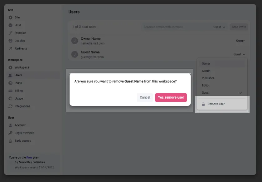 A popup window confirming deletion of a user. The dropdown selector next to the user is expanded showing the option for Remove user.