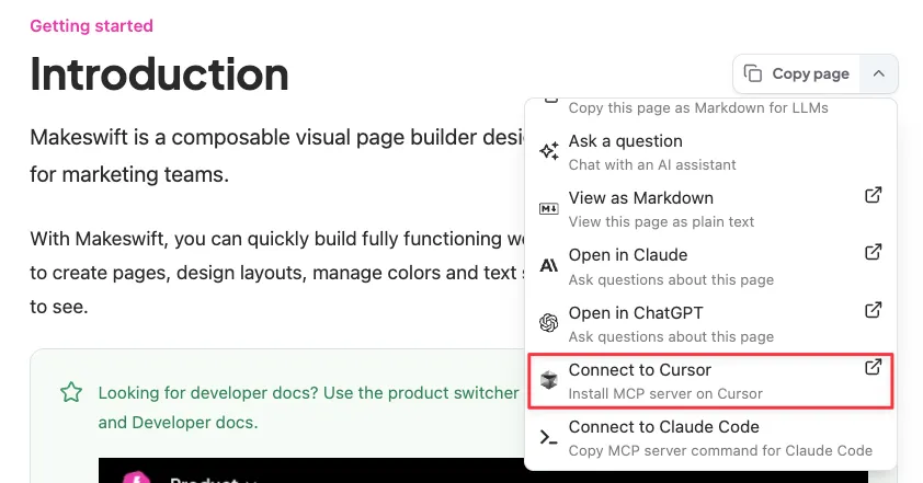 Copy page dropdown with the Connect to Cursor option highlighted