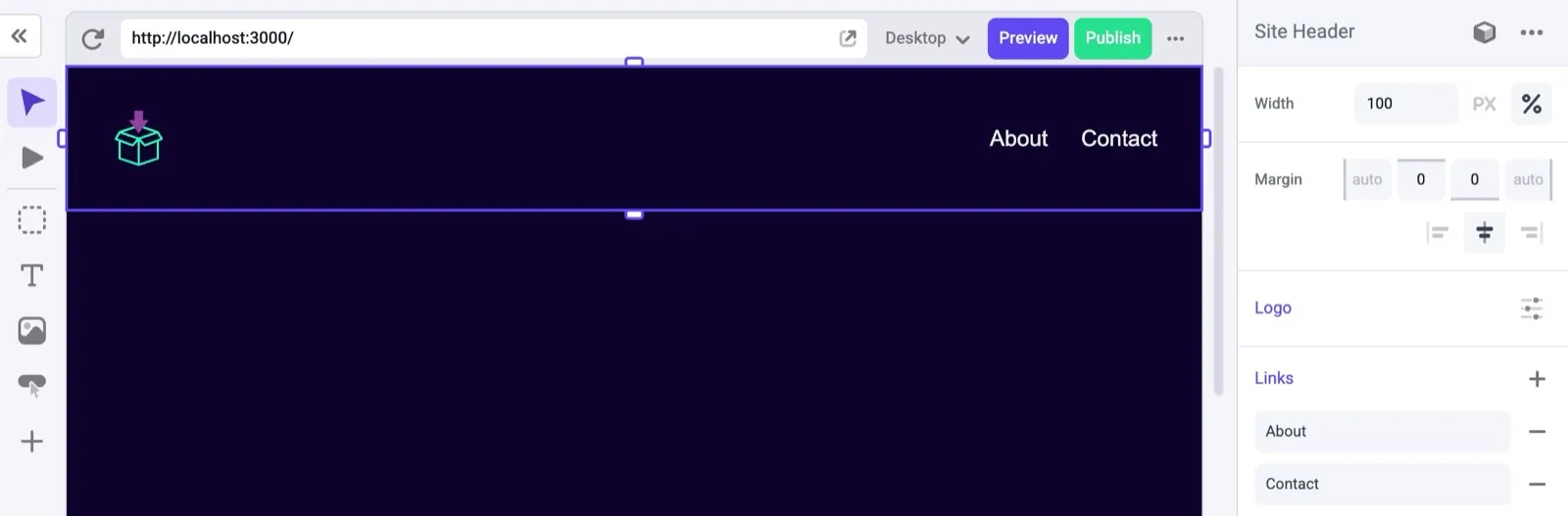 Properties of a header component in the Makeswift Visual Builder