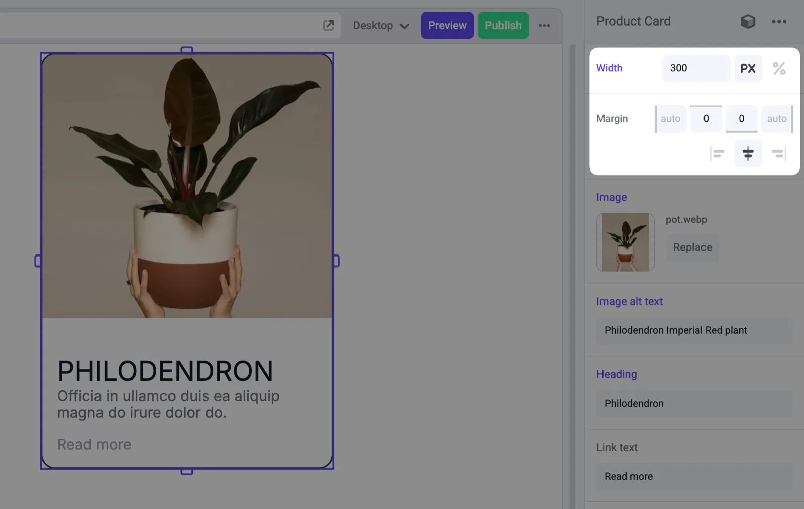 Width and margin properties for card component