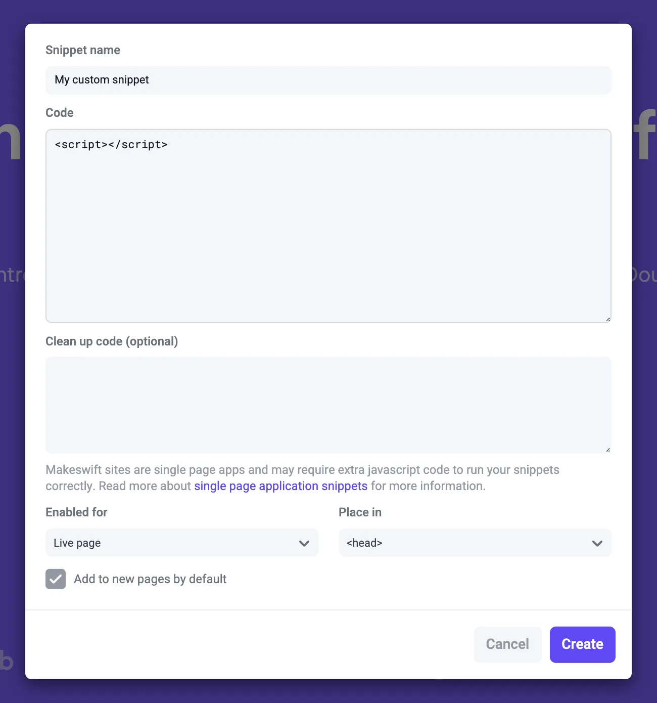 Makeswift snippet dialog