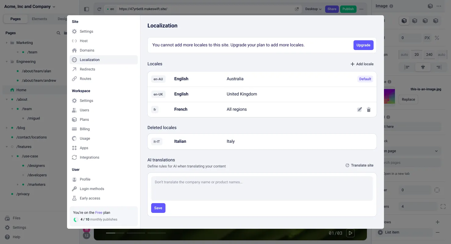 Localization settings panel showing the AI translations section