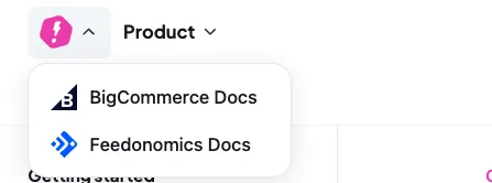 Makeswift logo opened to reveal a dropdown with links to the BigCommerce and Feedonomics docs sites