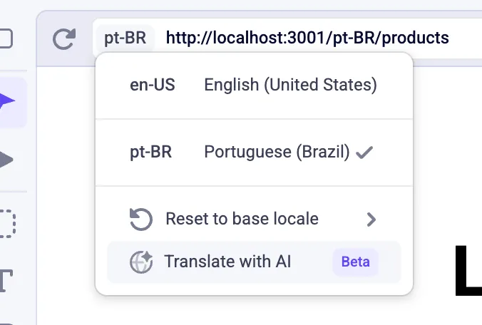 Locale menu showing button to open the translation dialog