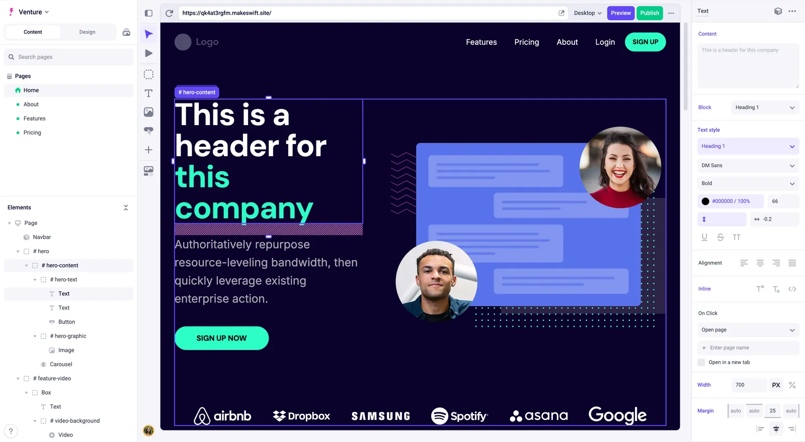 Visual builder showing the elements
panel