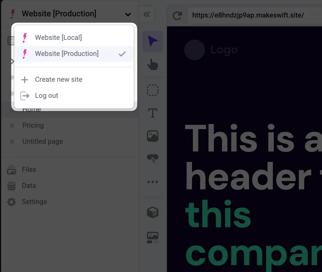 Two sites in the workspace dropdown