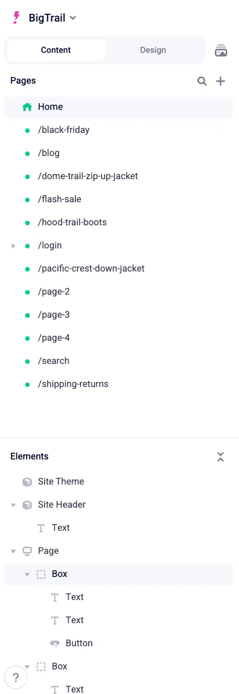 The Navigation Sidebar showing Content and Design tabs, a list of pages in the top pane, and the Elements Panel in the bottom pane