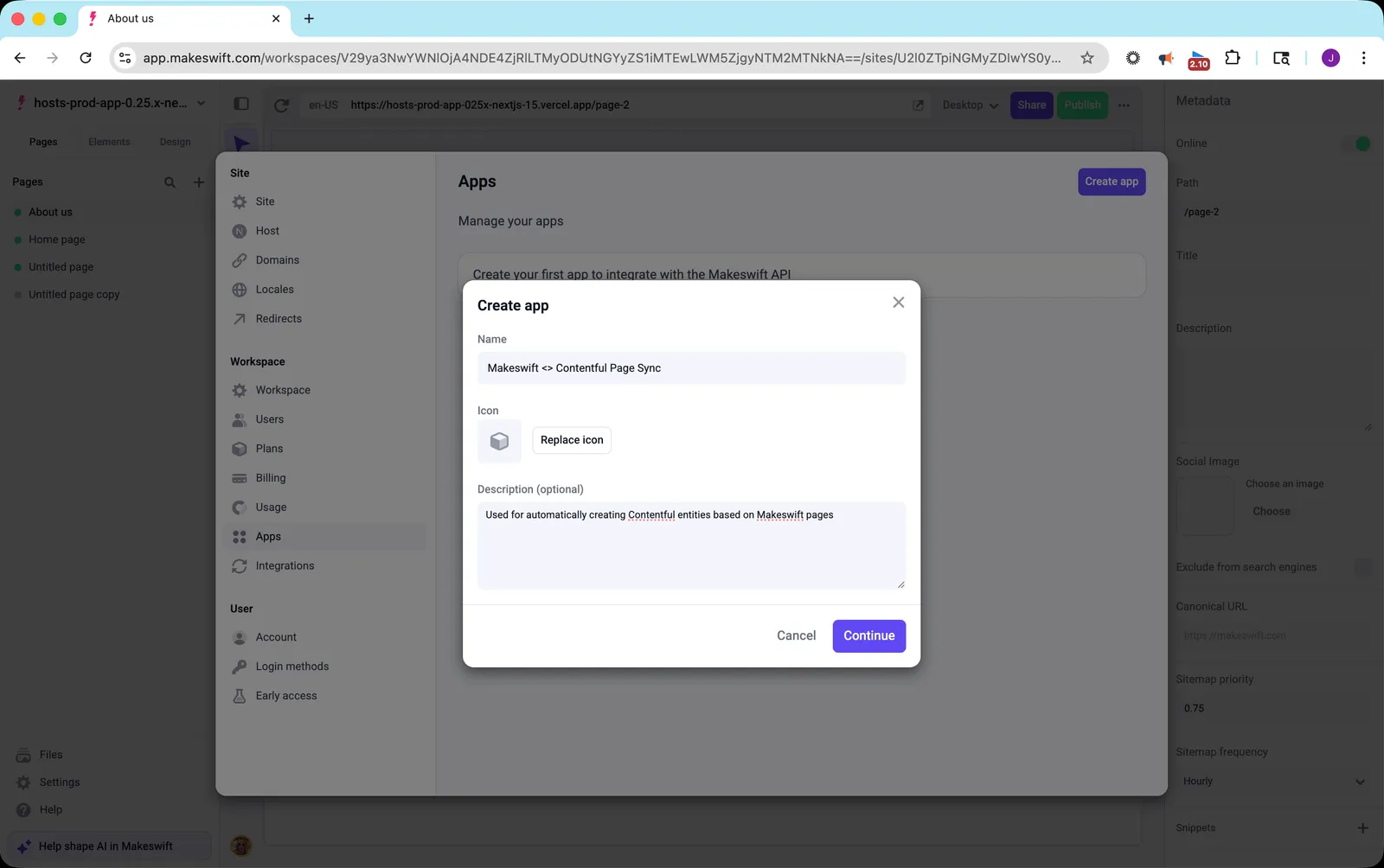 Create app dialog