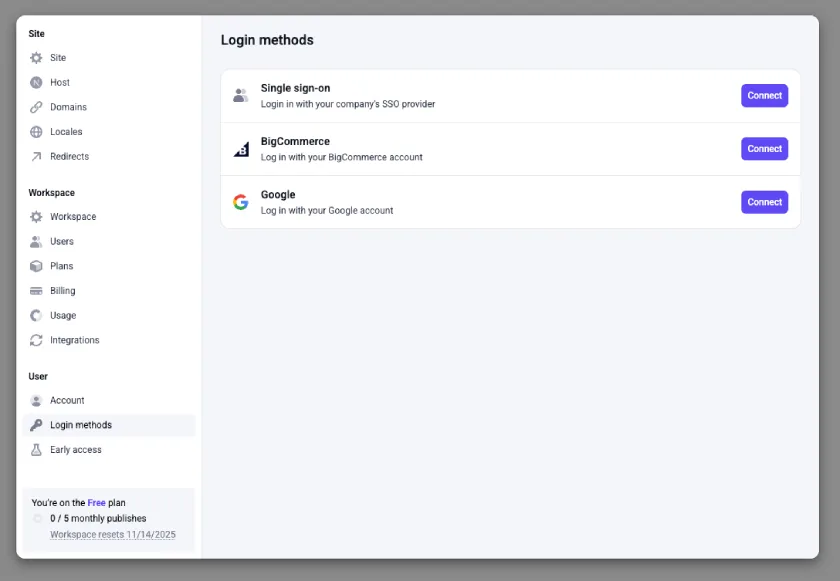 Available login methods for Makeswift users