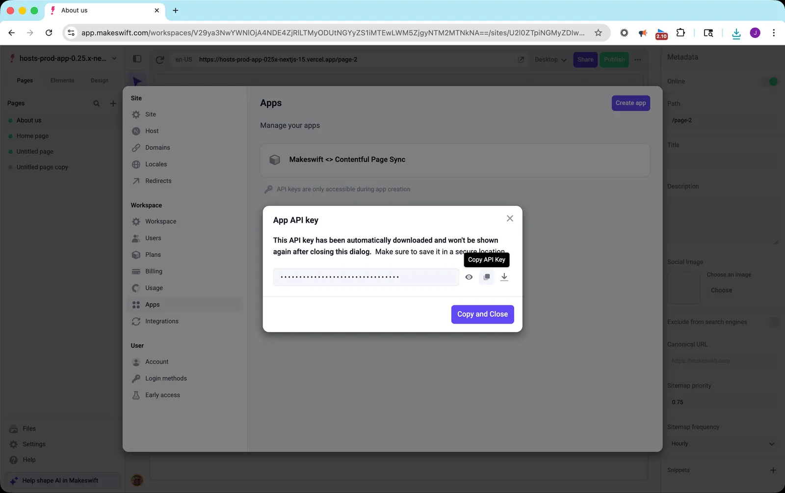 App API key dialog