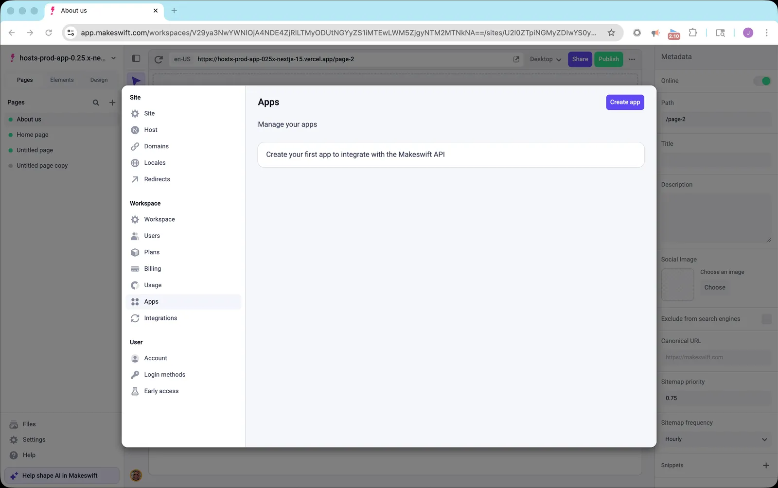 Apps settings page