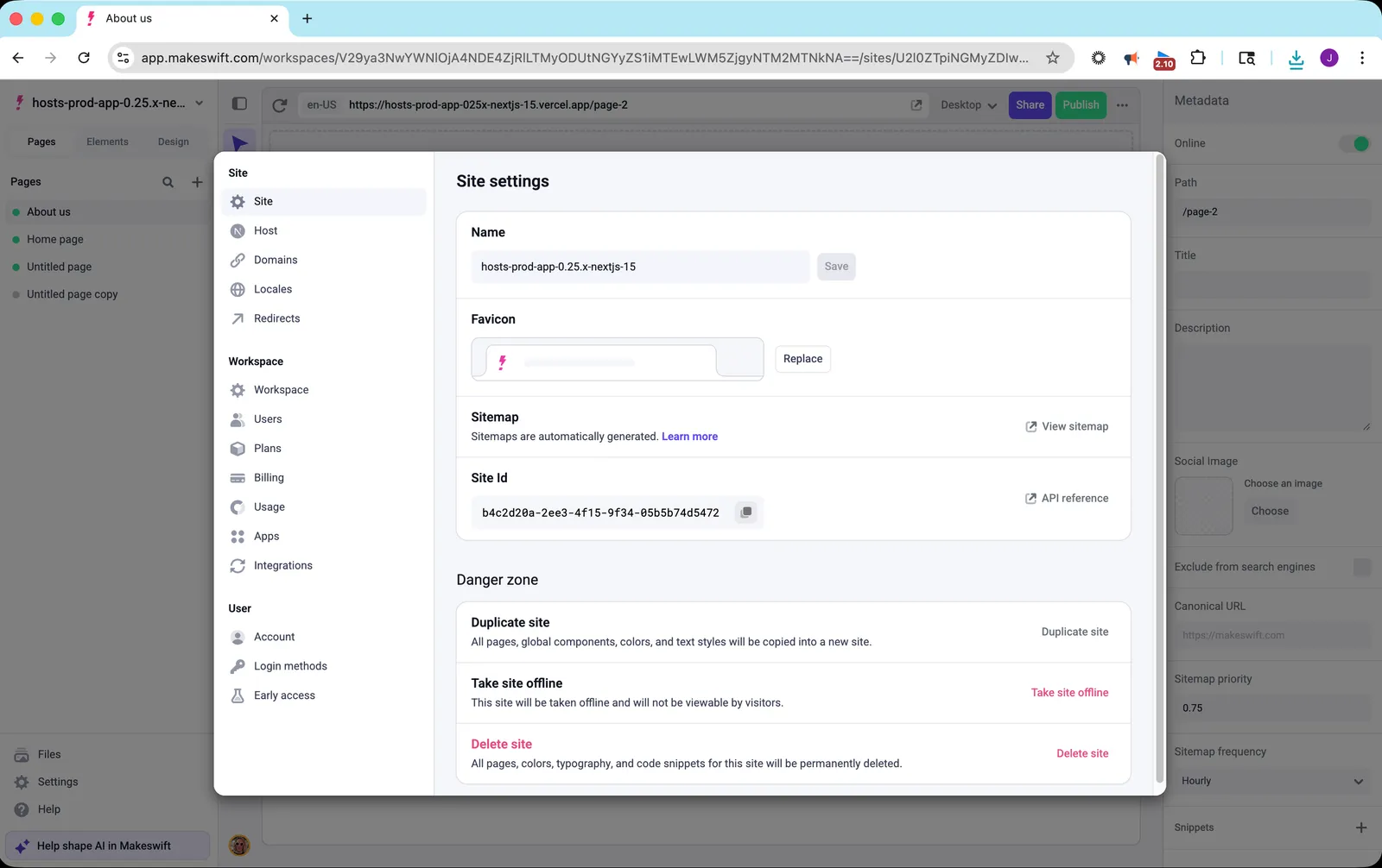 Site settings showing Site Id