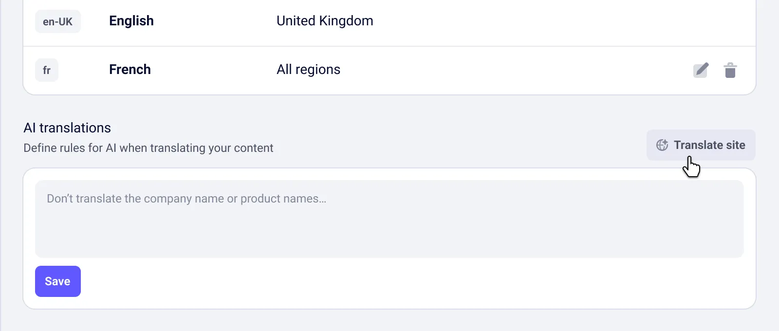 Localization settings showing button to open the translation dialog