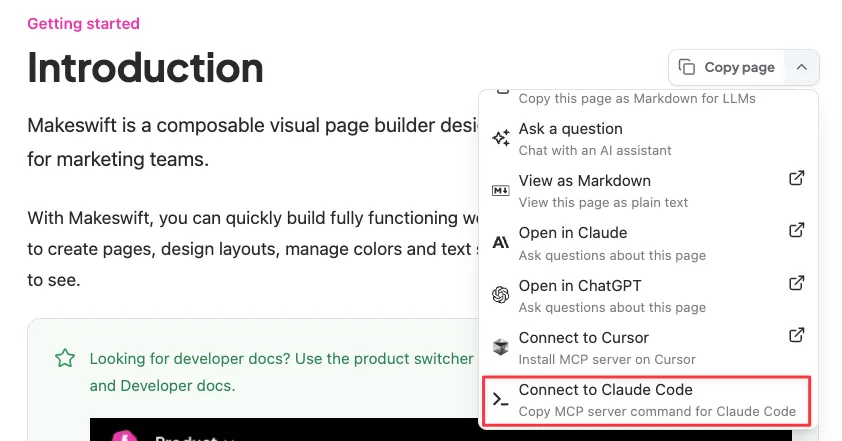 Copy page dropdown with the Connect to Claude Code option highlighted