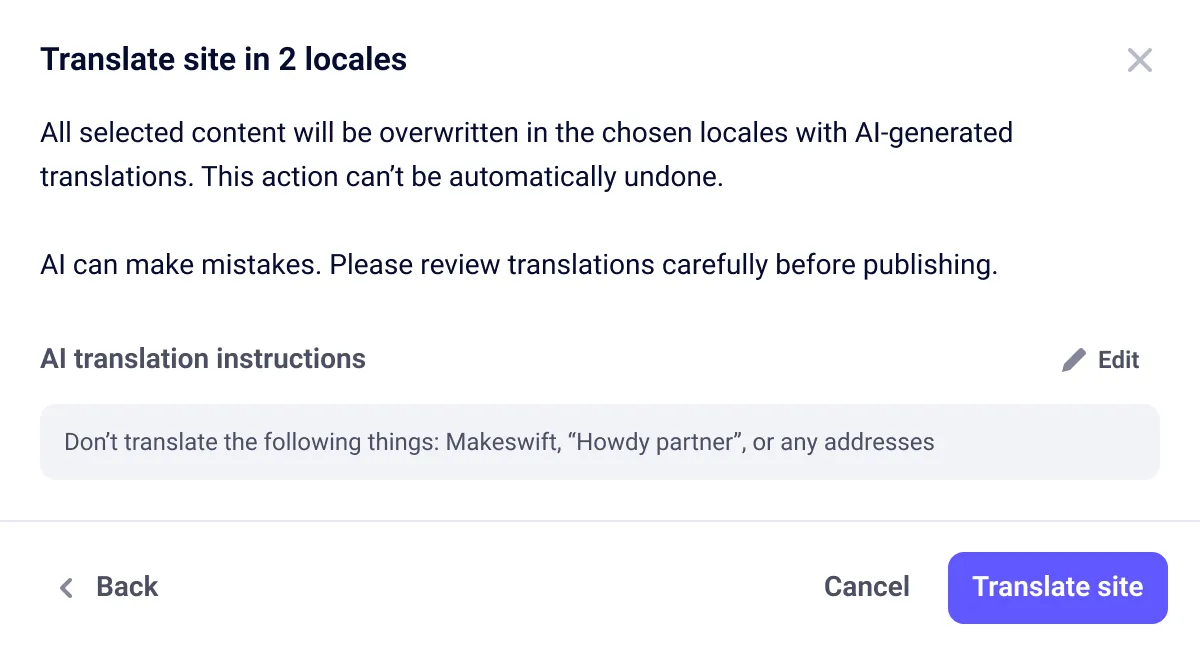 Confirmation step showing a summary of the translation request and the AI translation instructions