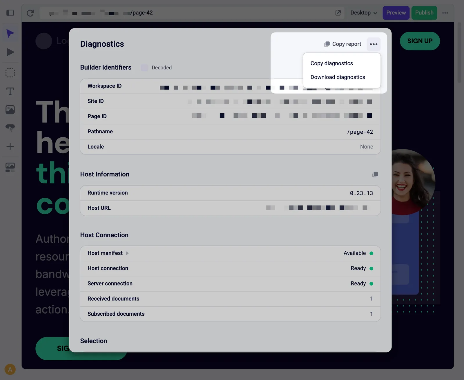 The Copy diagnostics and Download diagnostics options in the Diagnostics dialog